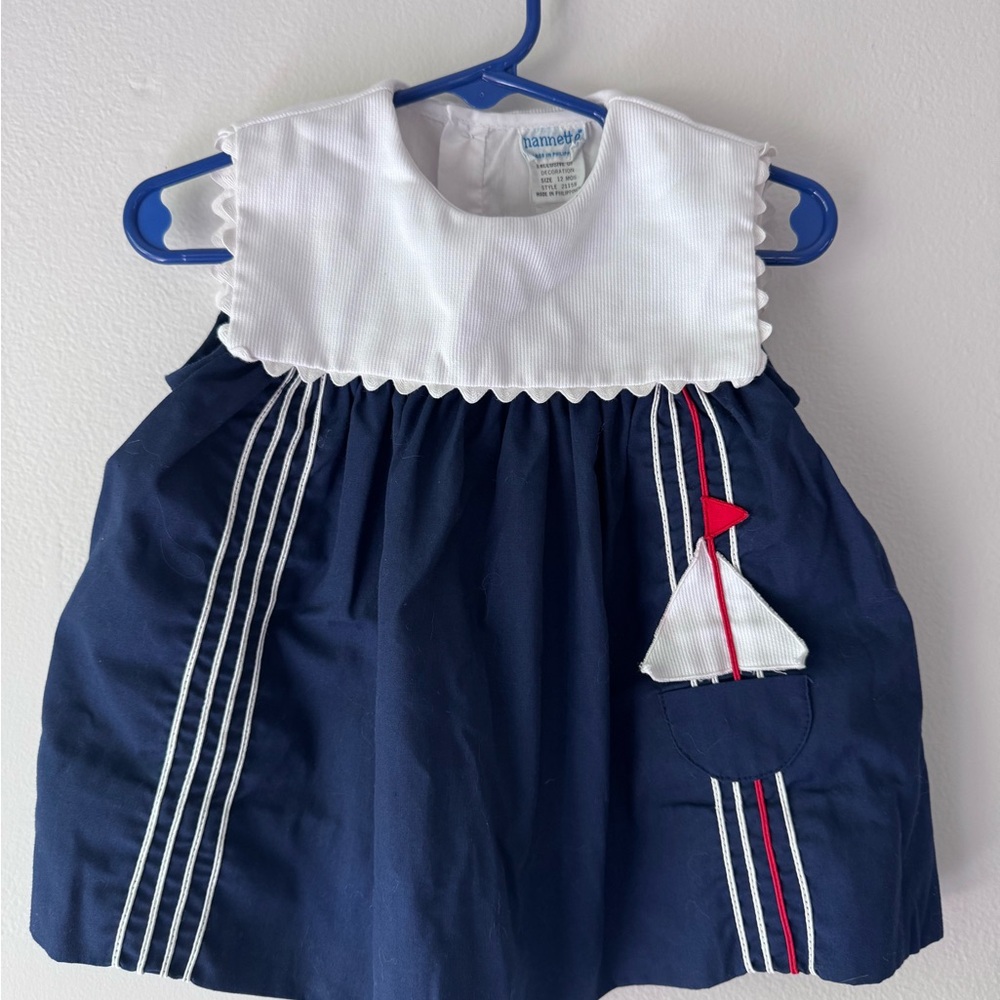 Nannette Vintage Navy Dress with White Yoke and Red Sailboat Accent with Hat